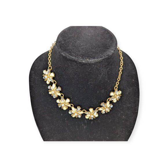Gold Tone & Clear Rhinestone Floral Styled Necklace with Lobster Claw Clasp - Picture 3 of 11